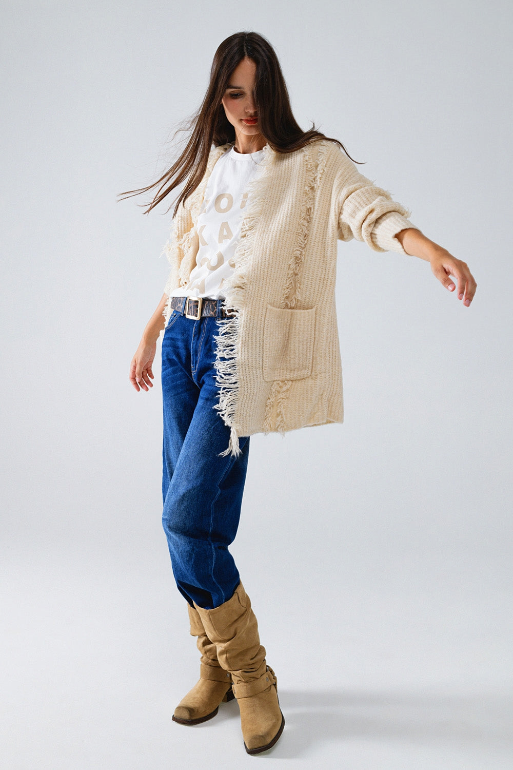 Ecru Boho Distressed Cardigan With Front Pockets