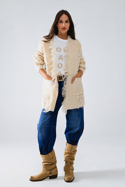 Ecru Boho Distressed Cardigan With Front Pockets