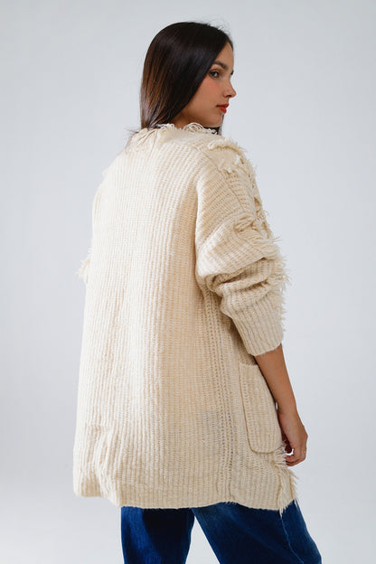 Ecru Boho Distressed Cardigan With Front Pockets