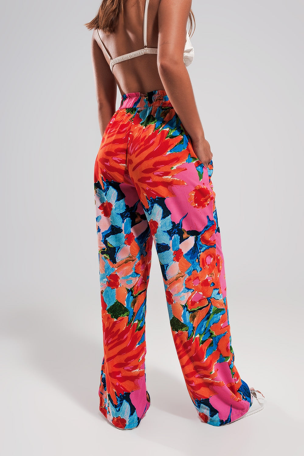 Elastic back pants in bright floral