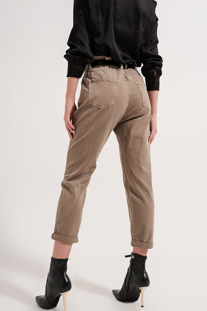 Elasticated paper bag waist jean in Beige