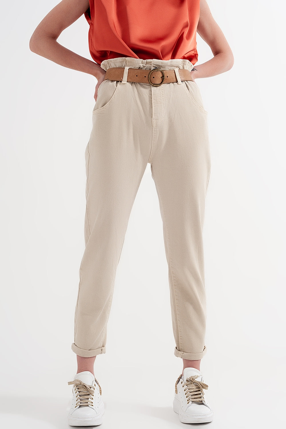 Q2 Elasticated paper bag waist mom jean in beige