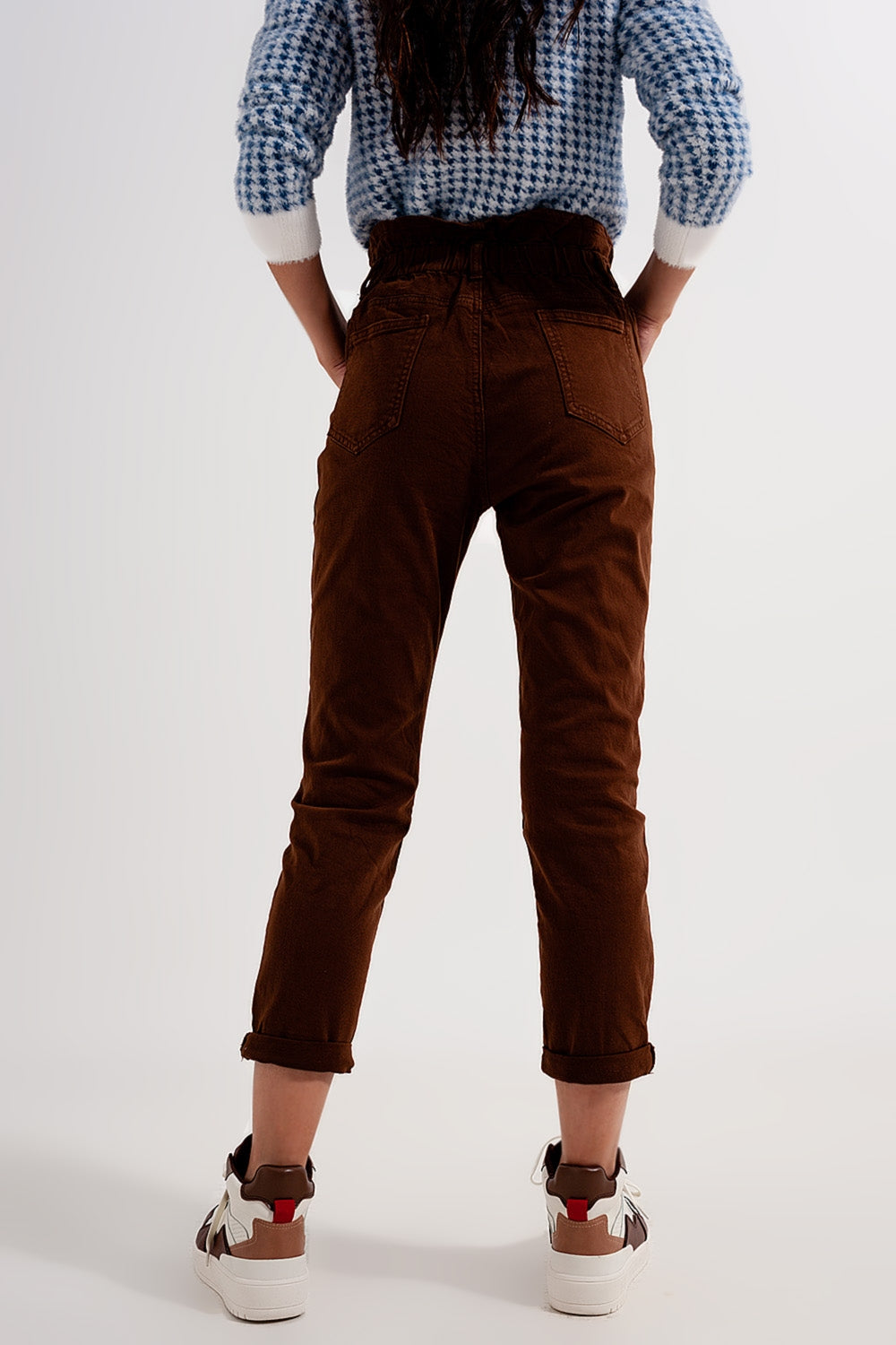 Elasticated paper bag waist mom jean in brown