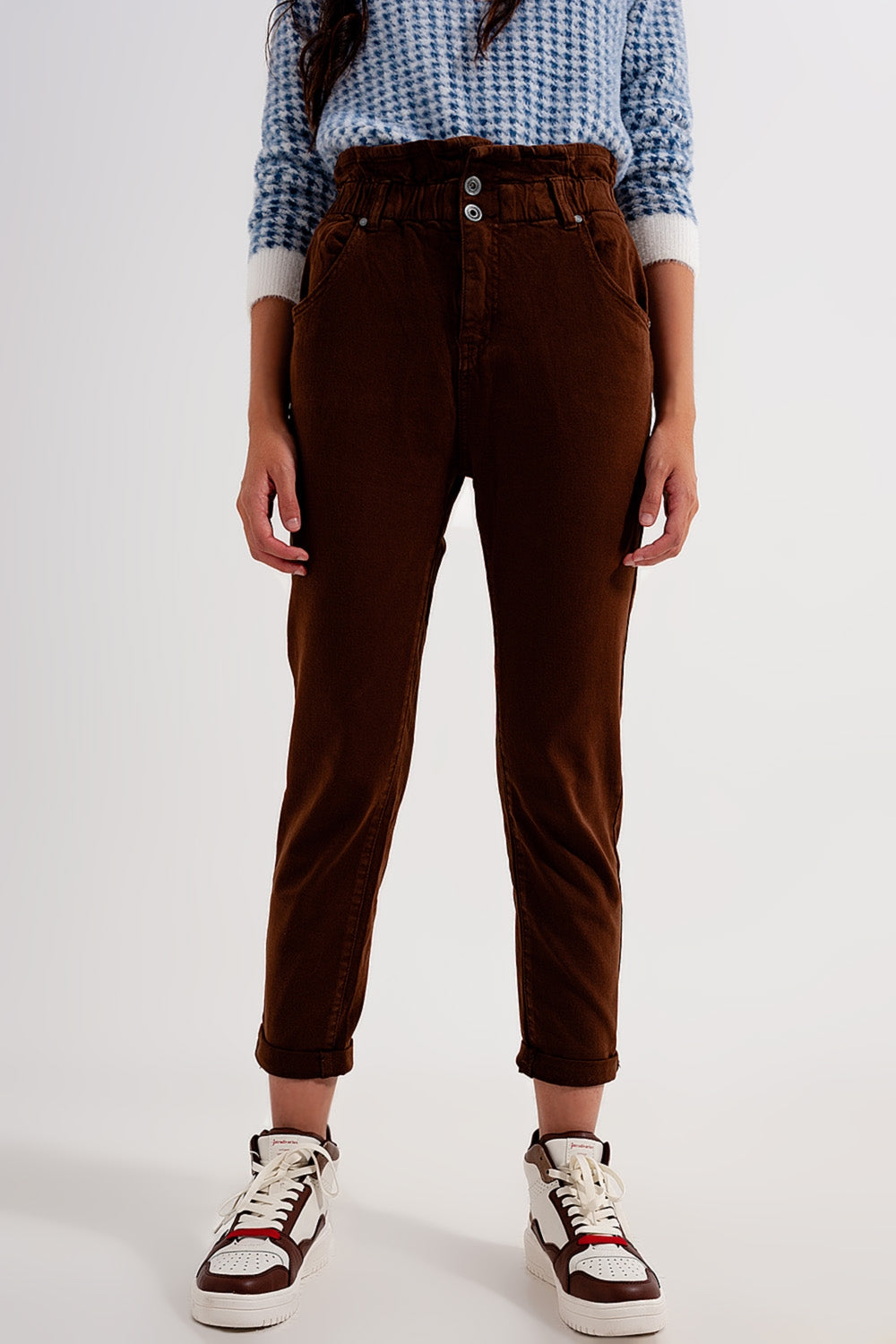 Elasticated paper bag waist mom jean in brown