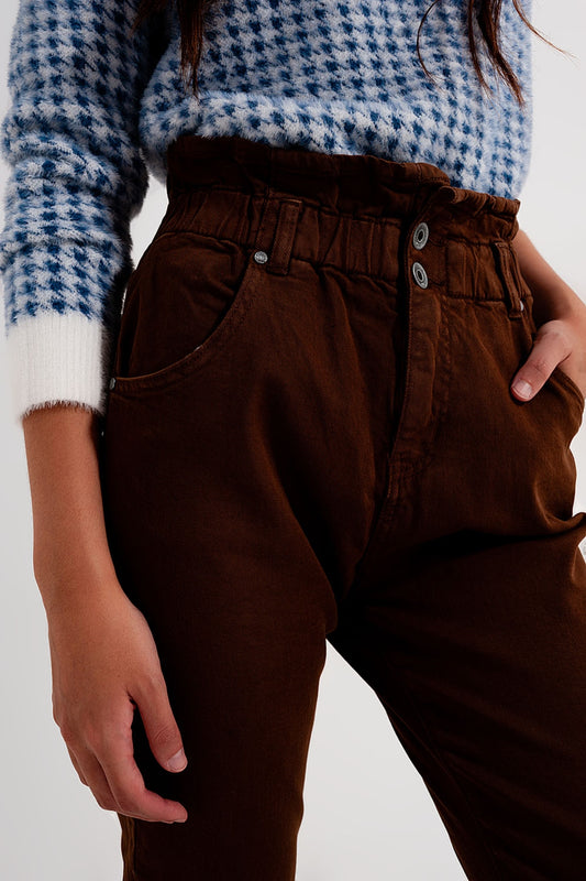 Q2 Elasticated paper bag waist mom jean in brown