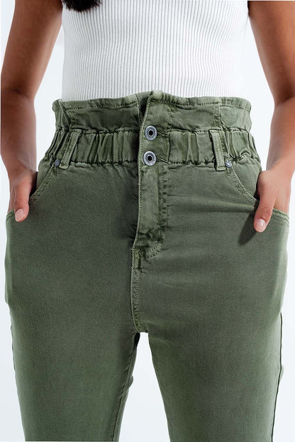 Elasticated paper bag waist mom jean in khaki