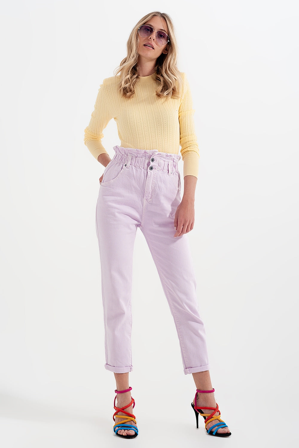 Elasticated paper bag waist mom jean in lilac