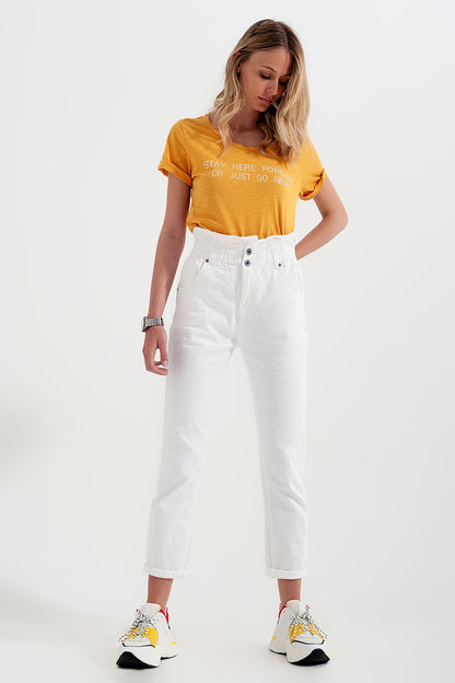 Elasticated paper bag waist mom jean in white