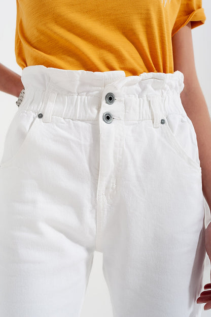 Elasticated paper bag waist mom jean in white