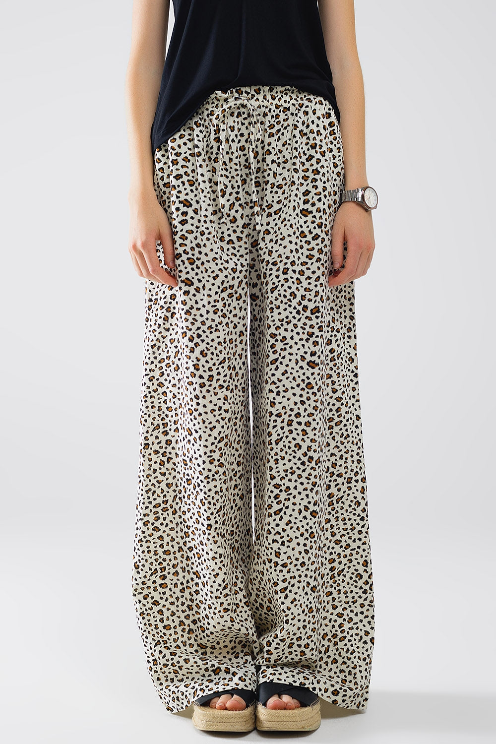 Q2 Elasticated Waist Straight Leg Pants In Leopard Print