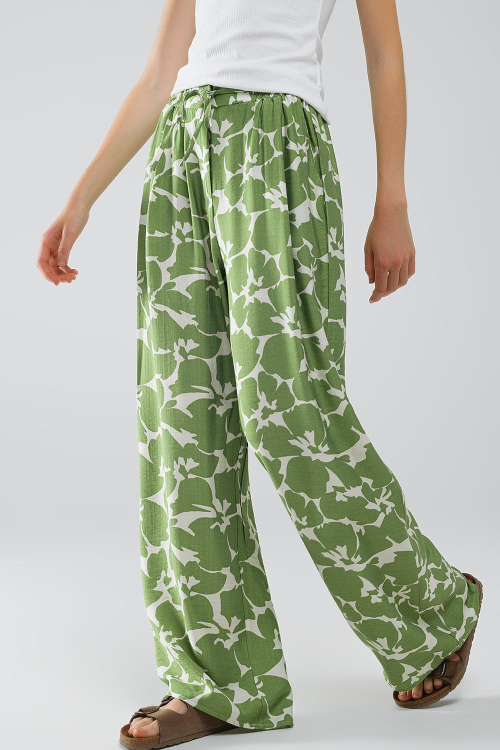 Q2 Elasticated Waist WIde Leg Pants With Green Floral Print