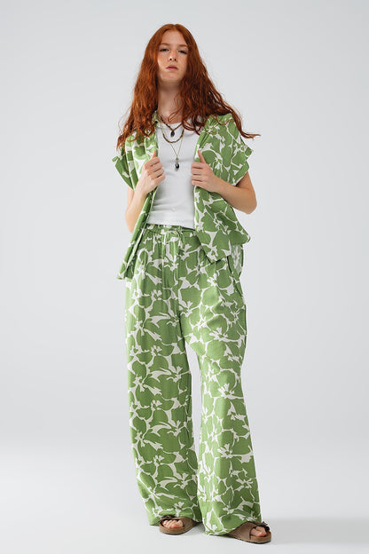 Elasticated Waist WIde Leg Pants With Green Floral Print