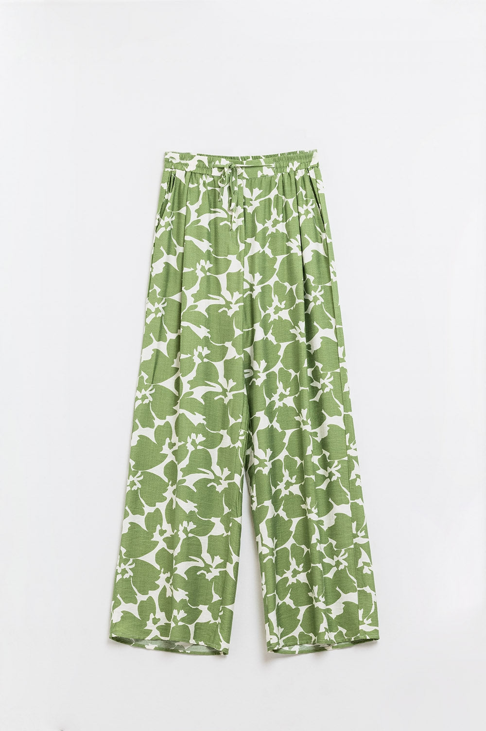 Elasticated Waist WIde Leg Pants With Green Floral Print