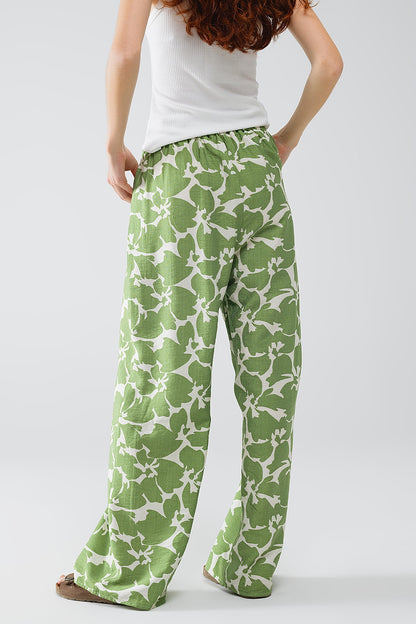 Elasticated Waist WIde Leg Pants With Green Floral Print