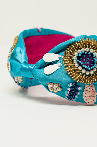 Embellished chunky headband in blue