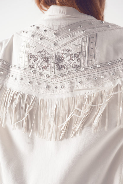 Embellished fringe denim jacket in white