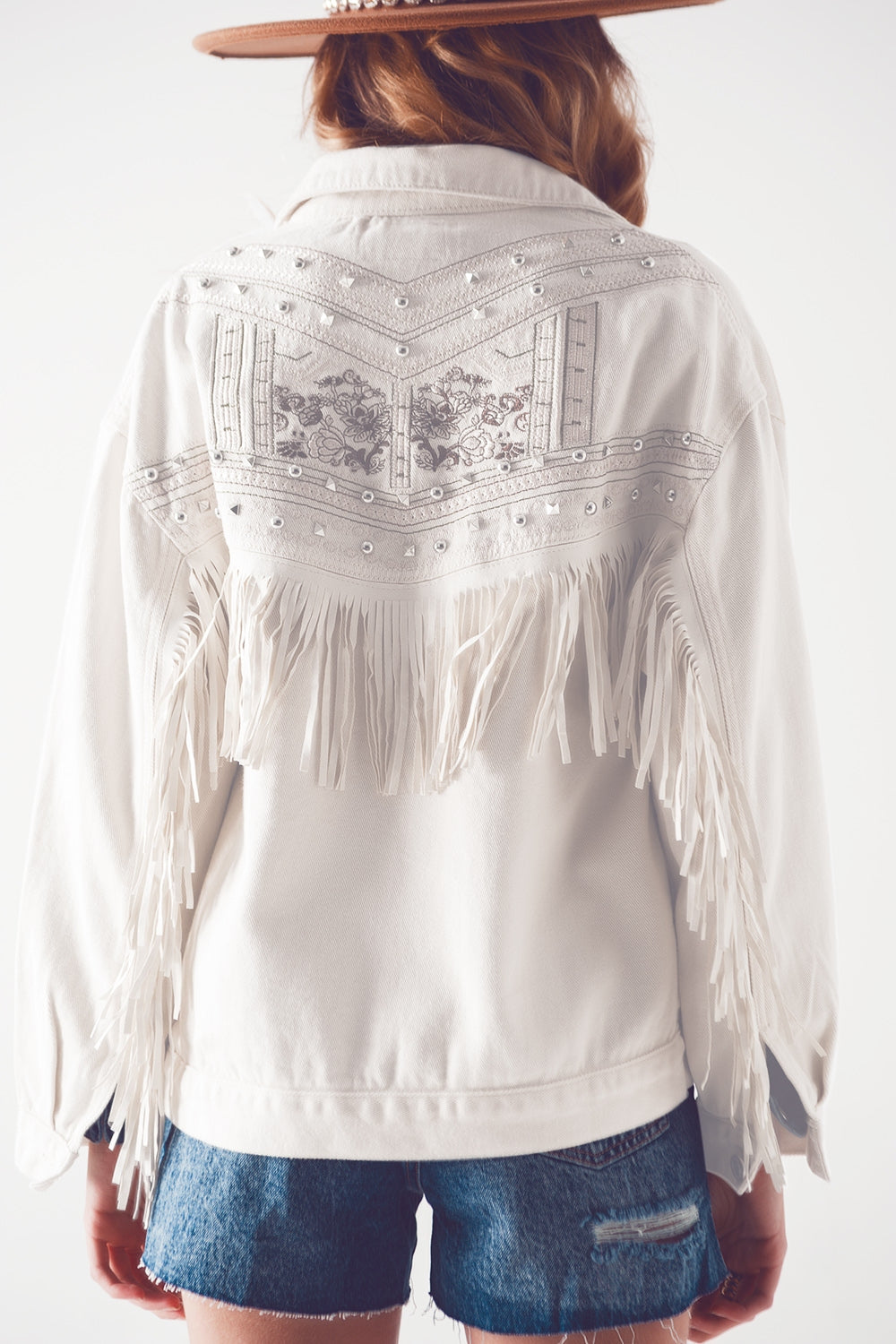 Embellished fringe denim jacket in white