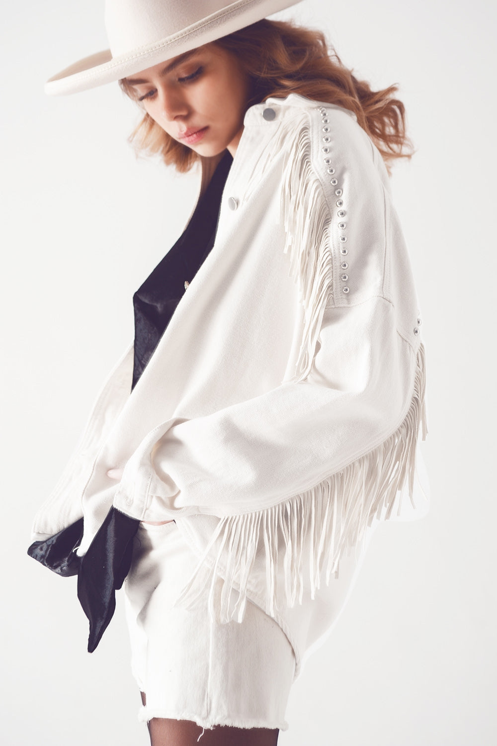 Embellished Fringe Denim Shacket in White