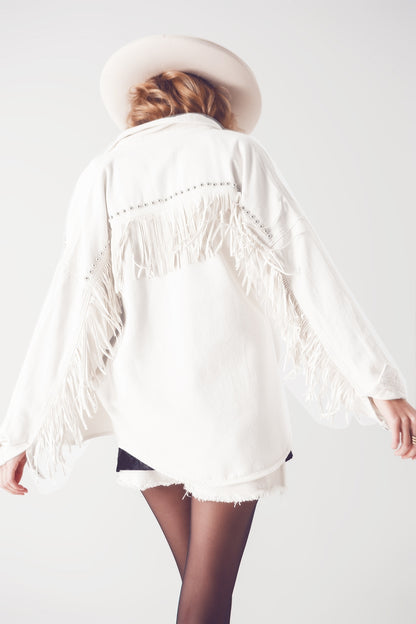 Embellished Fringe Denim Shacket in White