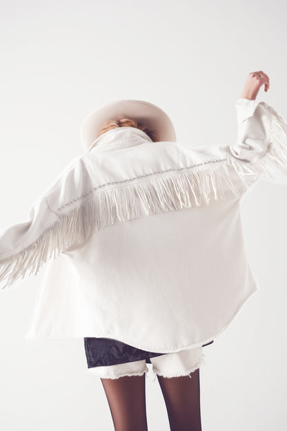 Embellished Fringe Denim Shacket in White