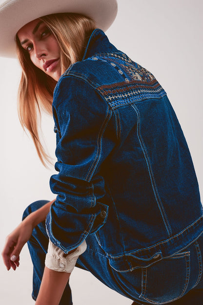 Embroided back denim jacket in dark blue