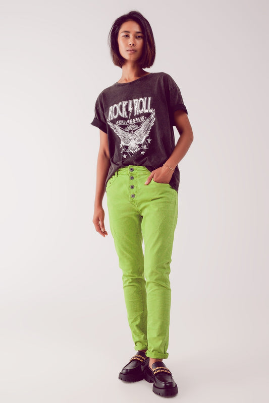 Q2 Exposed buttons skinny jeans in green