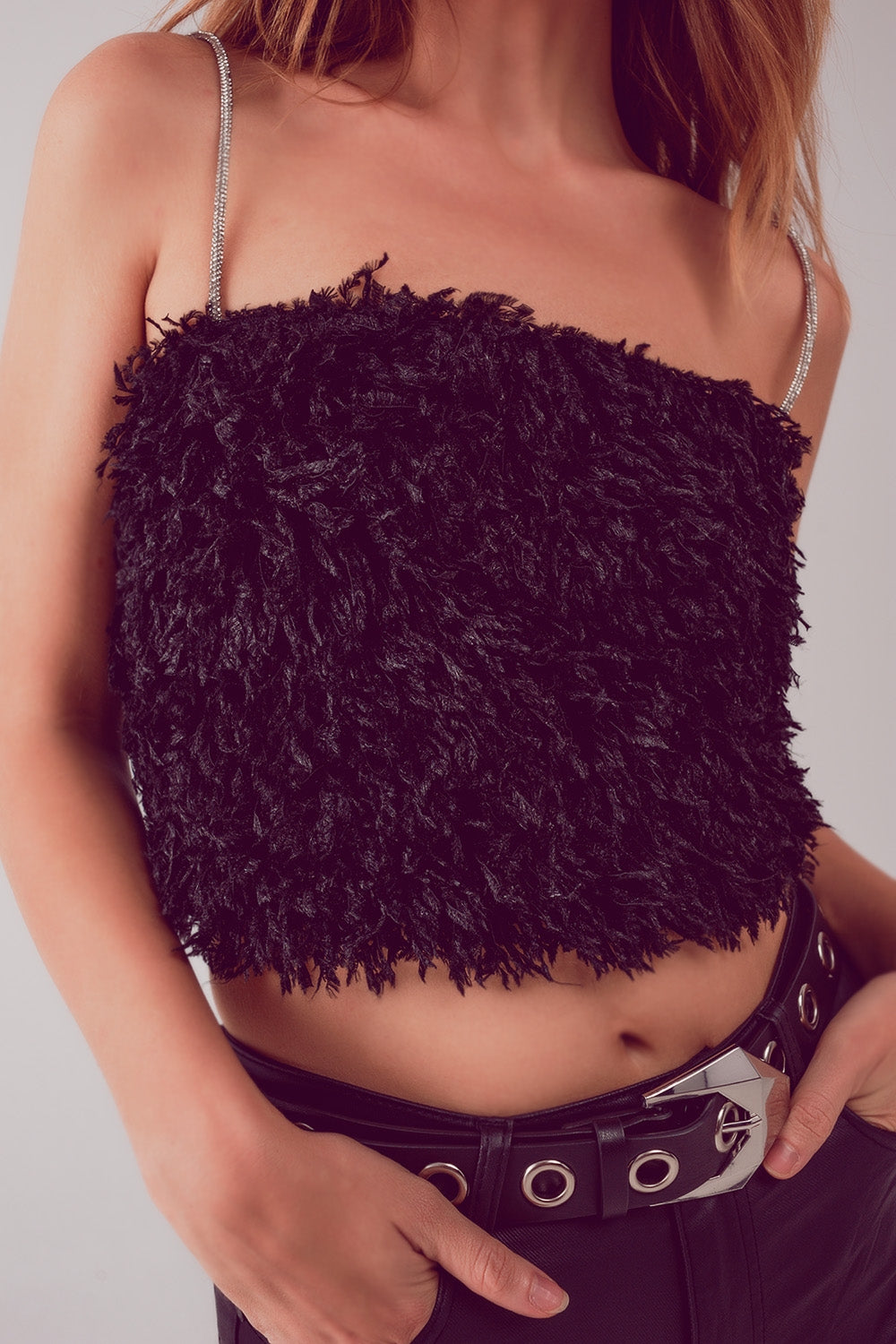 Faux feather crop cami in black