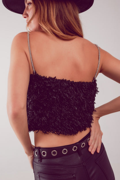 Faux feather crop cami in black