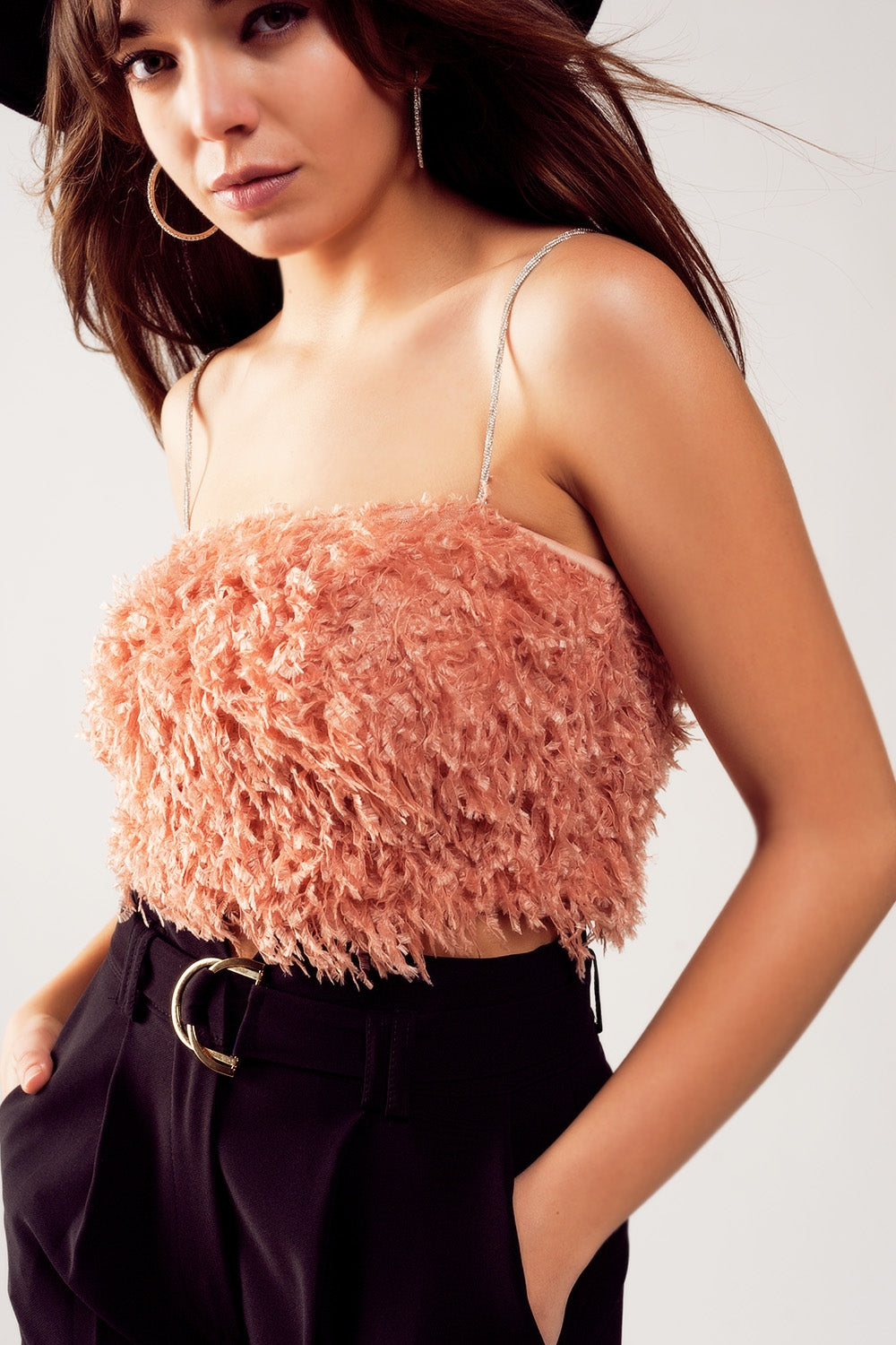 Faux feather crop cami in pink