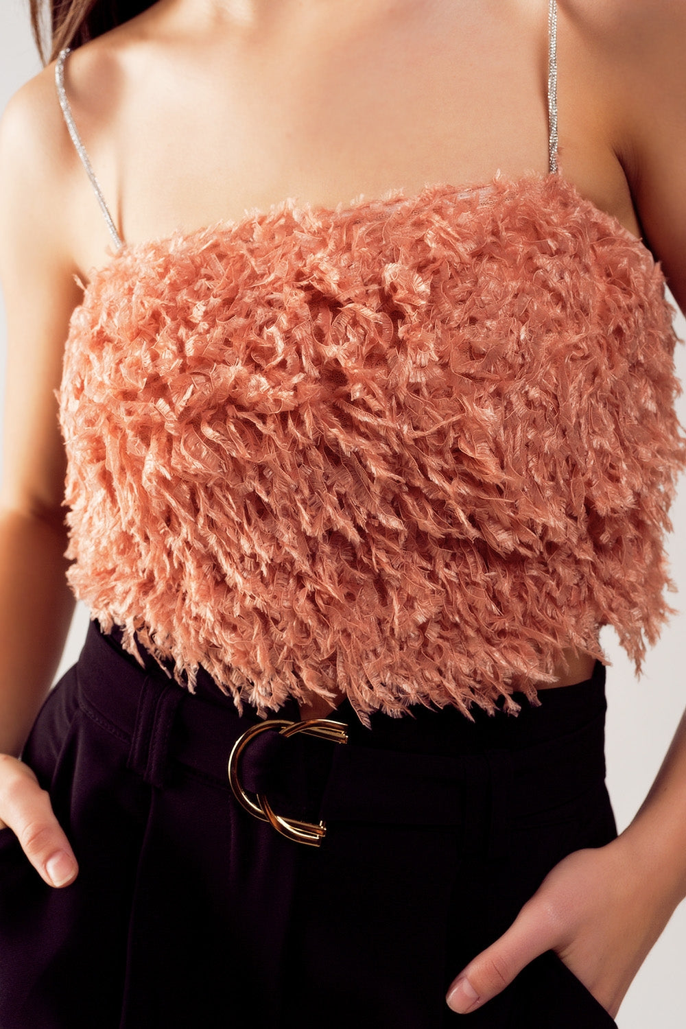 Faux feather crop cami in pink