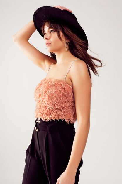 Faux feather crop cami in pink