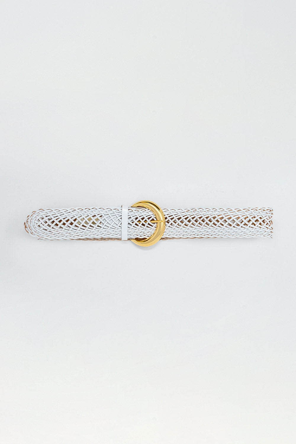 Q2 Faux Leather Braided Belt with Gold Buckle in White