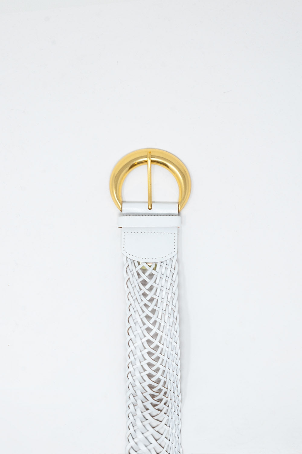 Faux Leather Braided Belt with Gold Buckle in White