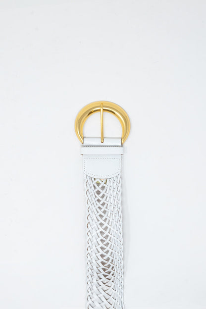 Faux Leather Braided Belt with Gold Buckle in White