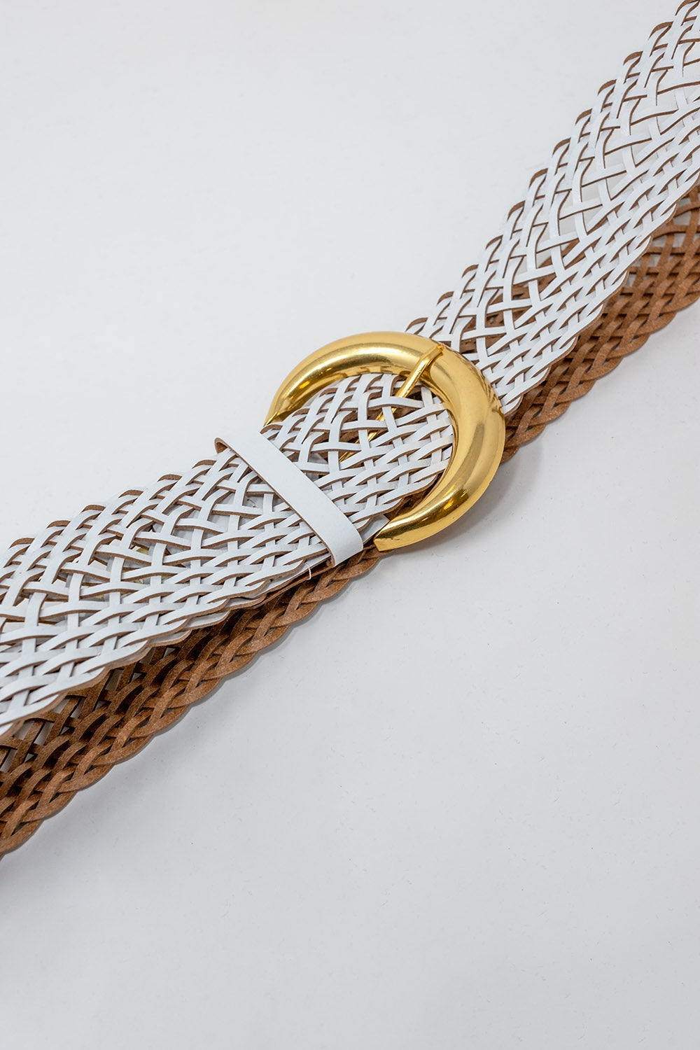 Faux Leather Braided Belt with Gold Buckle in White