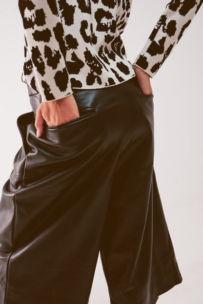 Faux leather wide leg culotte in black