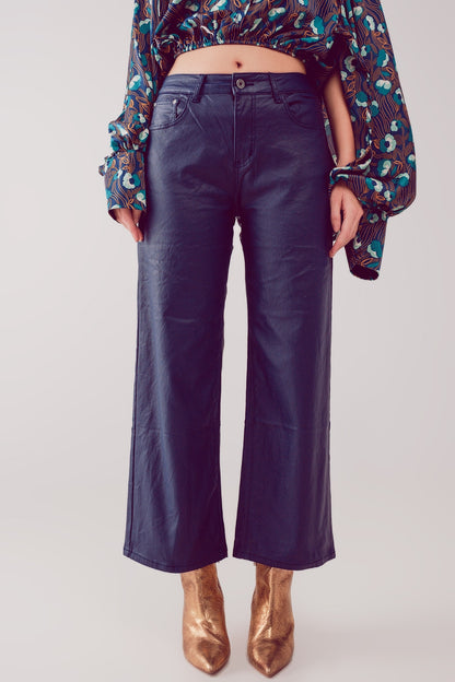 Faux leather wide leg pants in blue