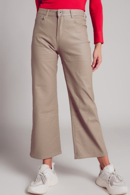 Q2 Faux leather wide leg trouser in beige