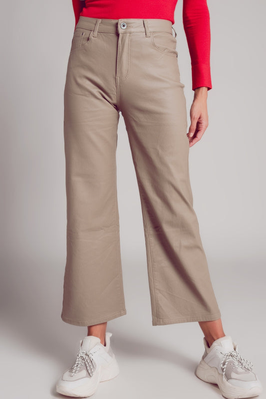 Q2 Faux leather wide leg trouser in beige