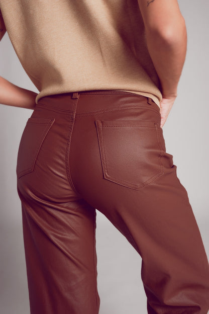 Faux leather wide leg trouser in brown