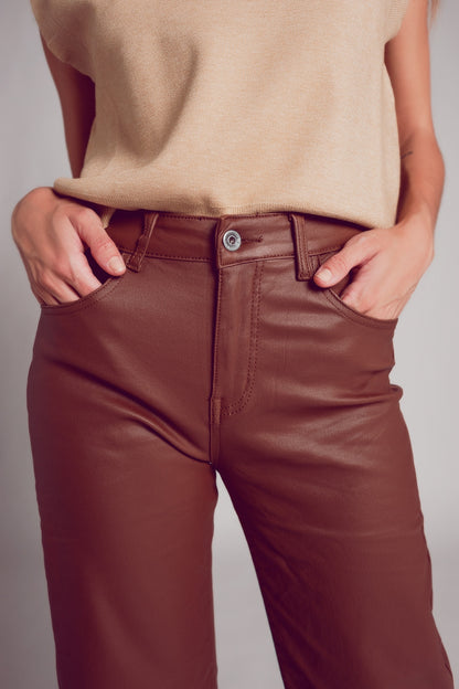 Faux leather wide leg trouser in brown