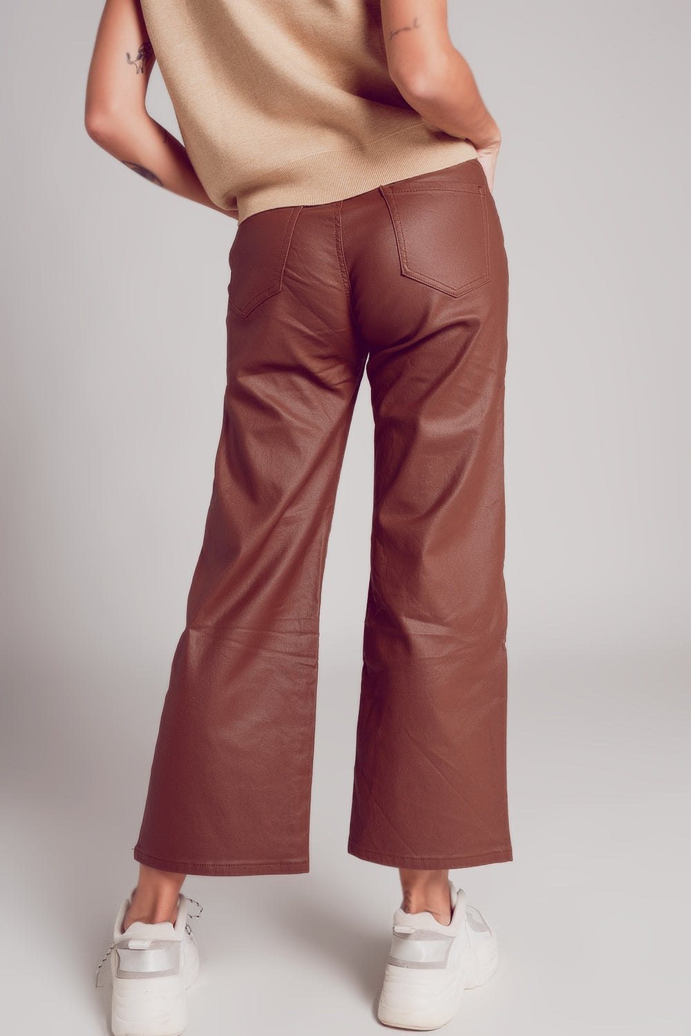 Faux leather wide leg trouser in brown