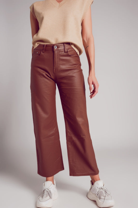 Q2 Faux leather wide leg trouser in brown