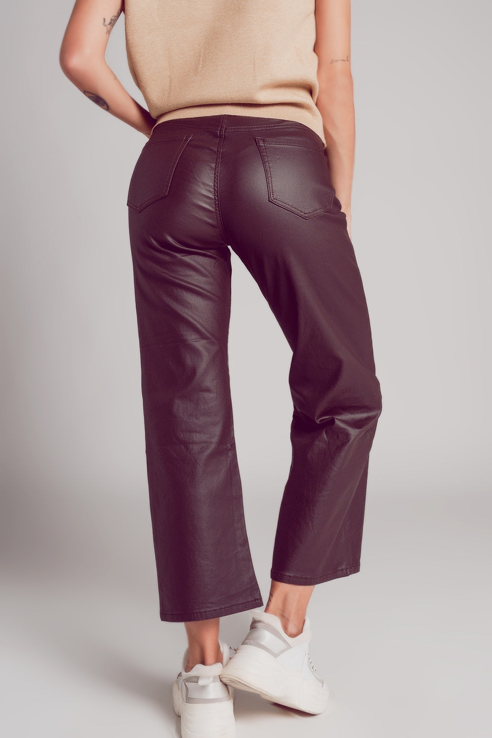 Faux leather wide leg trouser in chocolate brown