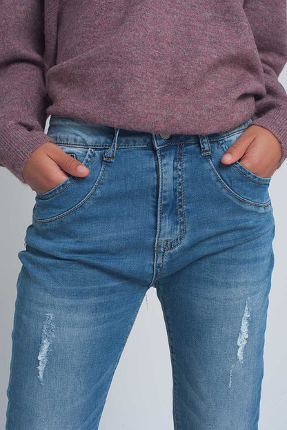 Fine denim ripped boyfriend jean in mid wash