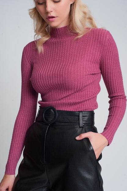 Fine gauge high neck sweater in fuchsia