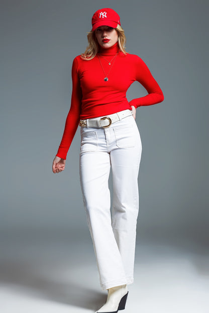 Fine knit high neck jumper in red