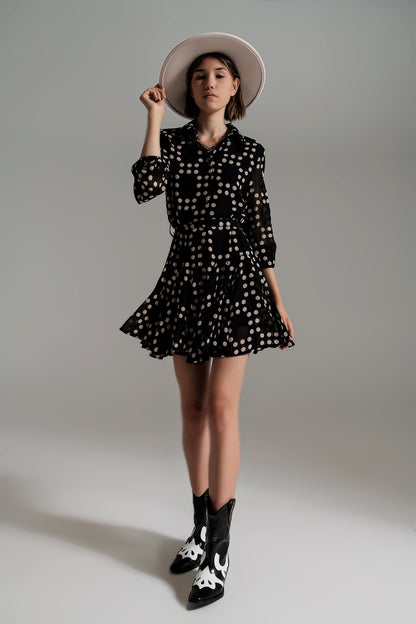 Fit and Frill Polka Dot Dress With Voluminous Sleeves in Black