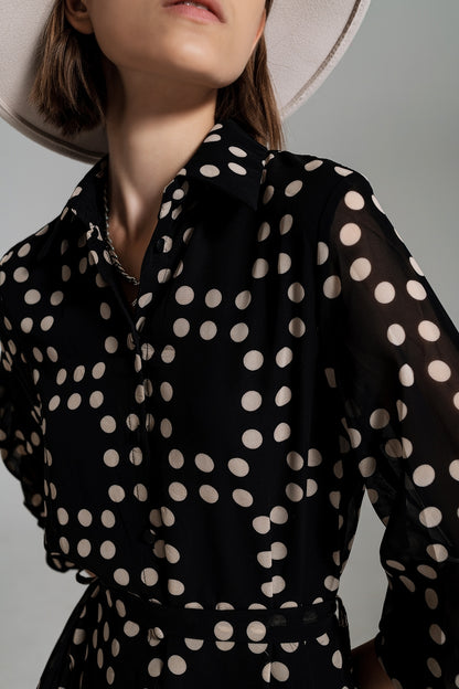 Fit and Frill Polka Dot Dress With Voluminous Sleeves in Black