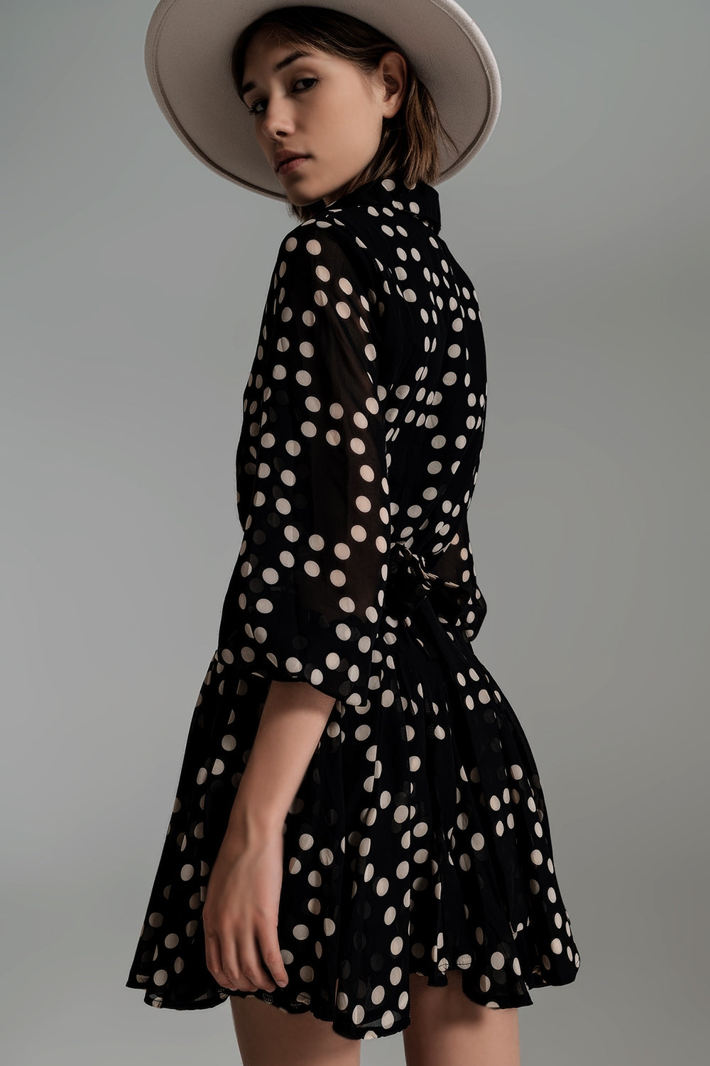 Fit and Frill Polka Dot Dress With Voluminous Sleeves in Black